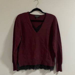 Burgundy V-neck Sweater with Lace Accents